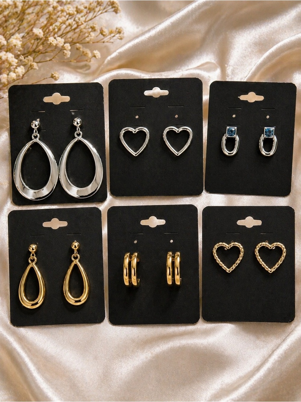 6 Pairs Vintage Silver & Gold Earrings Lot Hoops Hearts Teardrop